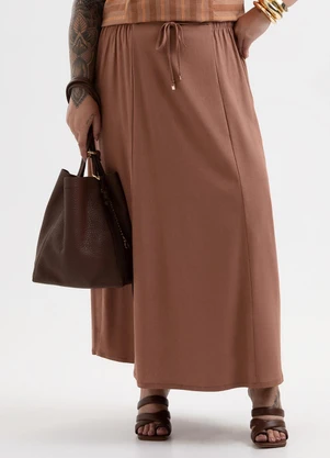 Cativa Plus Size - Saia Midi Plus Size em Tecido com Linho Marrom - CATIVA PLUS SIZE