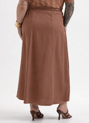 Cativa Plus Size - Saia Midi Plus Size em Tecido com Linho Marrom - CATIVA PLUS SIZE