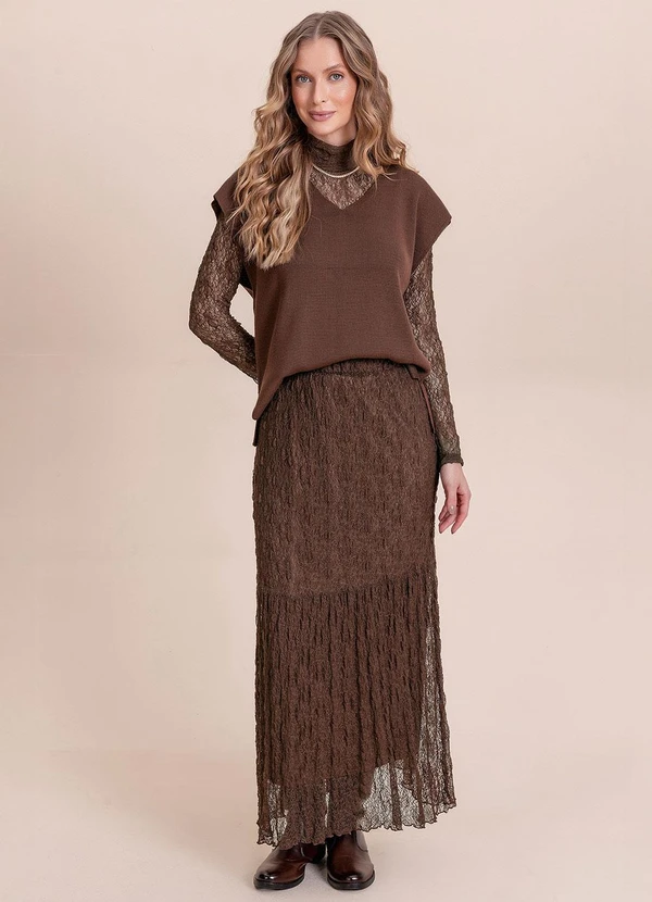 Angel - Saia Midi Renda Marrom 5