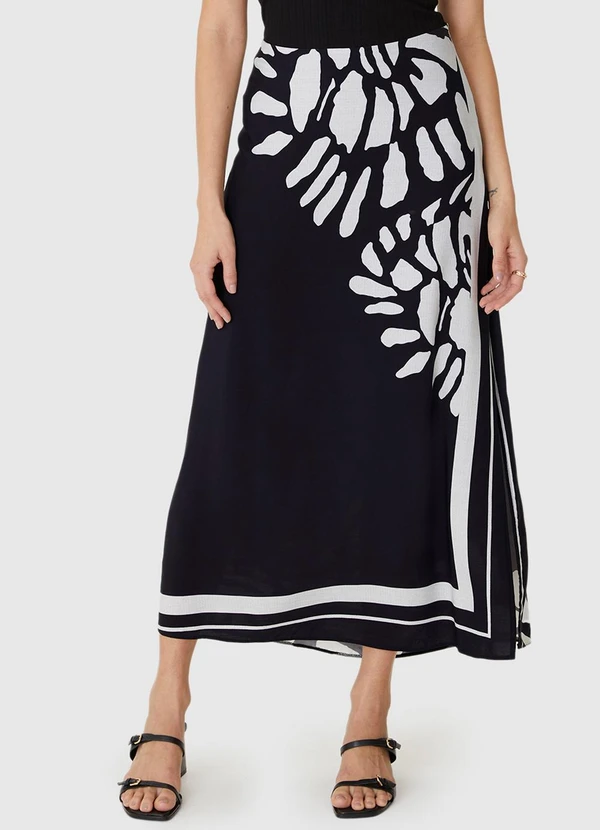 Malwee - Saia Mídi Reta Abstrata Preto