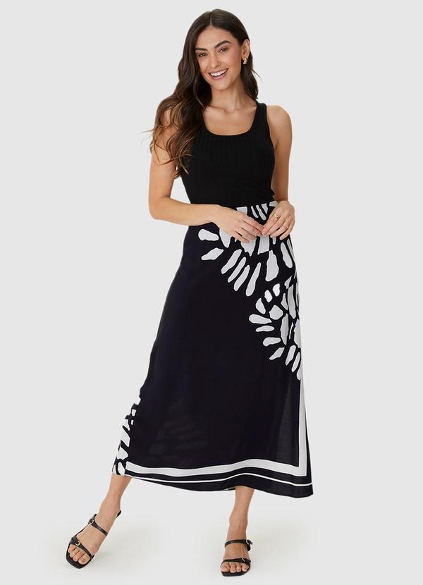 Malwee - Saia Mídi Reta Abstrata Preto 3