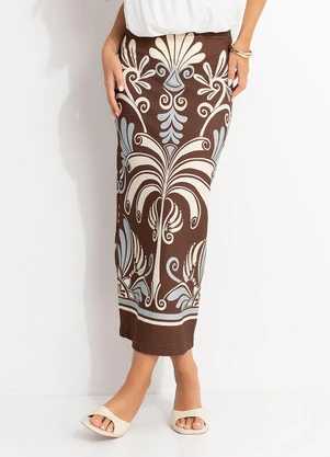 Farm - Saia Midi Reta Coletânea Tropical Marrom - FARM