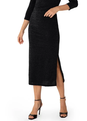 Enfim - Saia Midi Reta Fenda em Lurex Preto - ENFIM