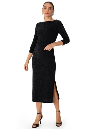 Enfim - Saia Midi Reta Fenda em Lurex Preto - ENFIM