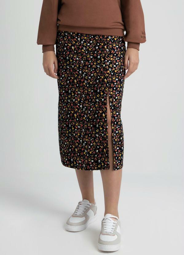 Enfim - Saia Midi Reta Floral Liberty Fenda Preto