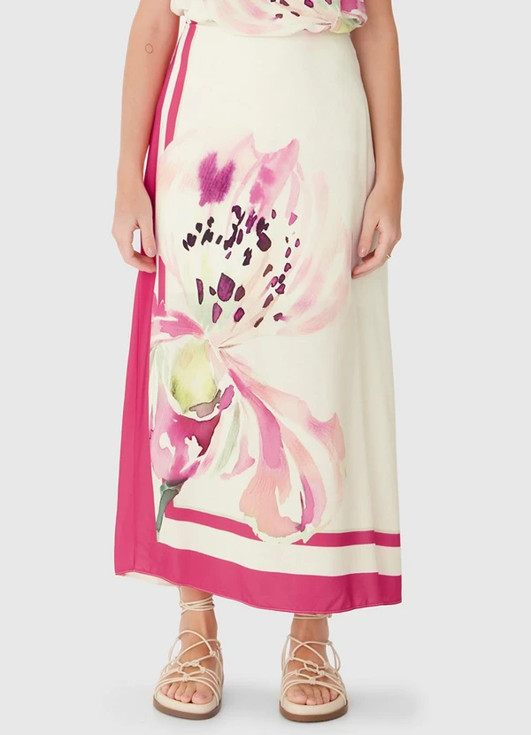 Malwee - Saia Mídi Reta Floral Off White