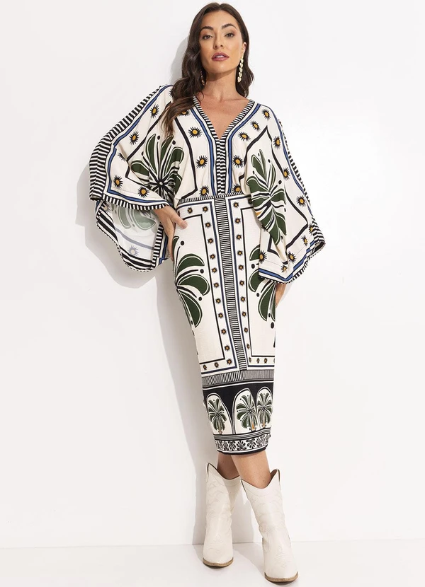 Farm - Saia Midi Reta Jardim Tropical Bege