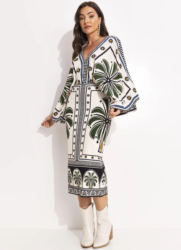 Farm - Saia Midi Reta Jardim Tropical Bege 3