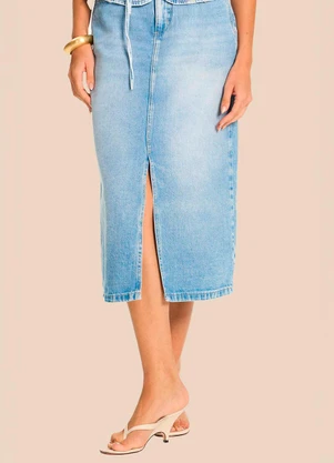 Doce Trama - Saia Midi Reta Jeans com Fenda Miragem Azul - DOCE TRAMA