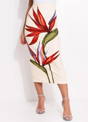 Farm - Saia Midi Reta Maxi Estrelicia Bege - FARM