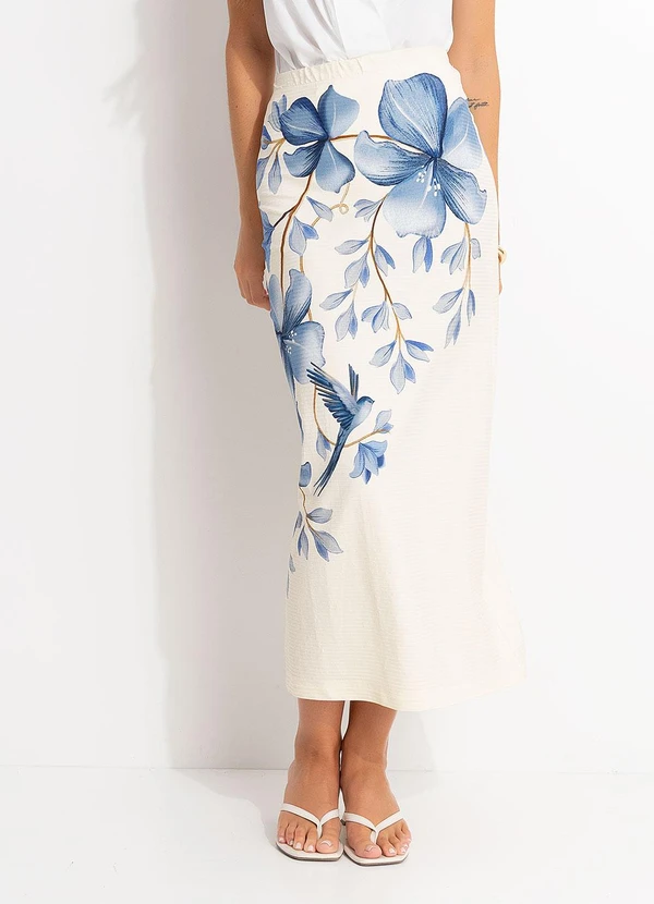 Farm - Saia Midi Reta Voo em Flor Bege 1
