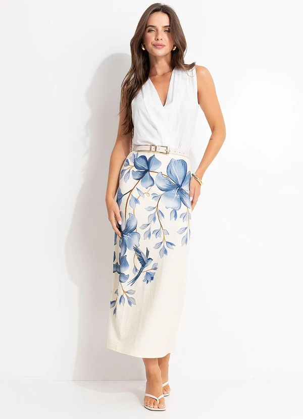 Farm - Saia Midi Reta Voo em Flor Bege 4