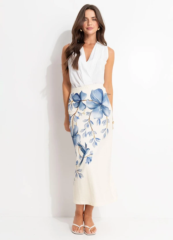 Farm - Saia Midi Reta Voo em Flor Bege 5