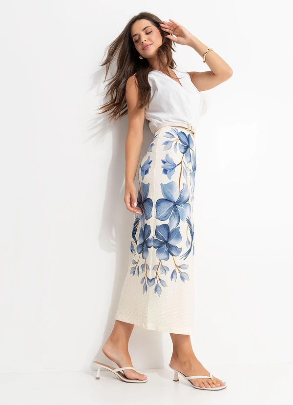 Farm - Saia Midi Reta Voo em Flor Bege 6