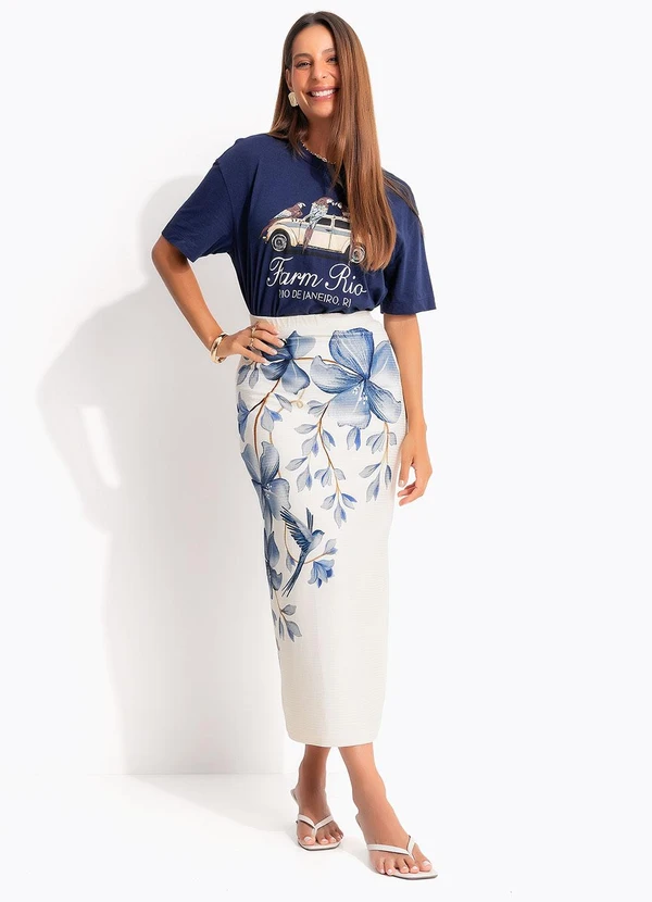 Farm - Saia Midi Reta Voo em Flor Bege 7