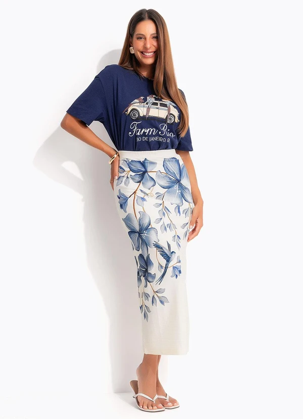 Farm - Saia Midi Reta Voo em Flor Bege 8