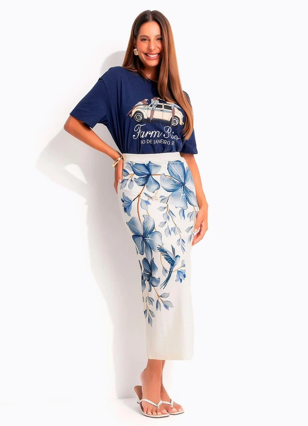 Farm - Saia Midi Reta Voo em Flor Bege 9