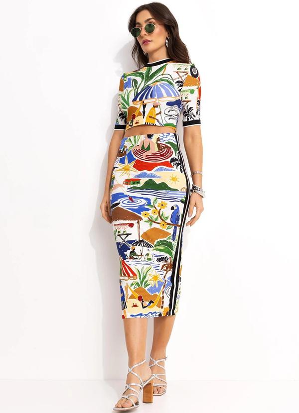 Farm - Saia Midi Retilinea em Viscose Off White 3