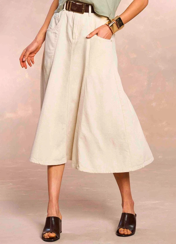 Doce Trama - Saia Midi Soft Garden em Linho Branco