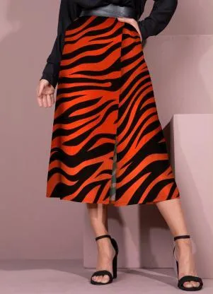Quintess - Saia Midi Tigre Laranja com Fenda - QUINTESS