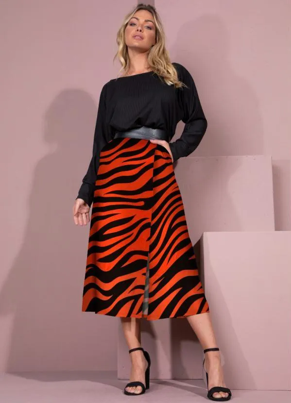 Quintess - Saia Midi Tigre Laranja com Fenda 3