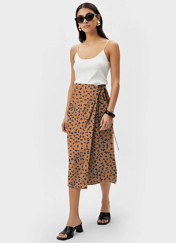 Dianna - Saia Midi Transpassada Estampada Bege 3