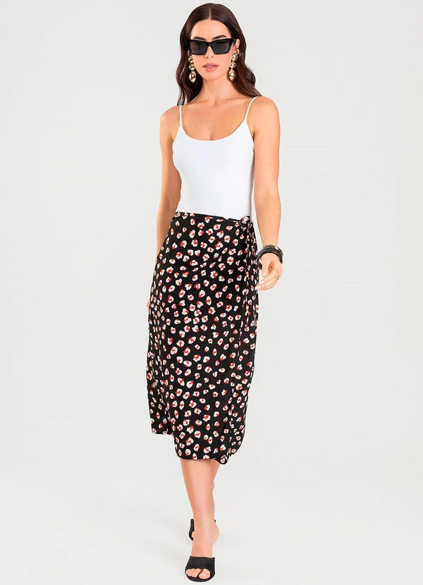 Dianna - Saia Midi Transpassada Estampada Preto 3