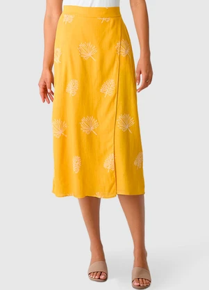 Malwee - Saia Midi Tropical em Viscolinho Amarelo - MALWEE