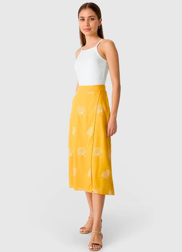 Malwee - Saia Midi Tropical em Viscolinho Amarelo 3