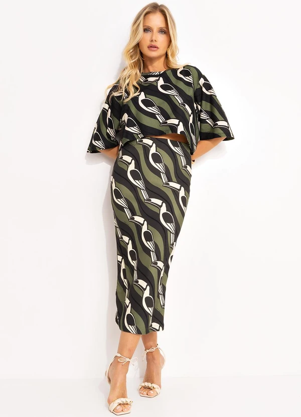 Farm - Saia Midi Tucano Gráfico Verde 3