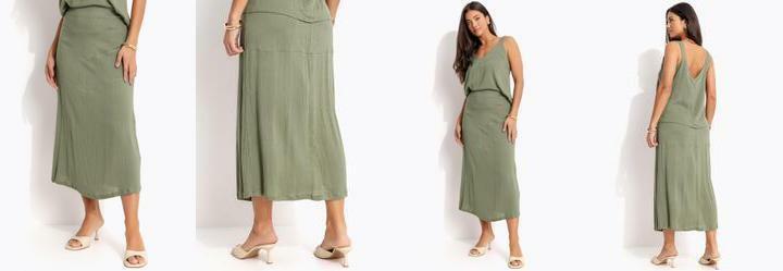 Saia Midi Verde Oliva em Viscose Plana