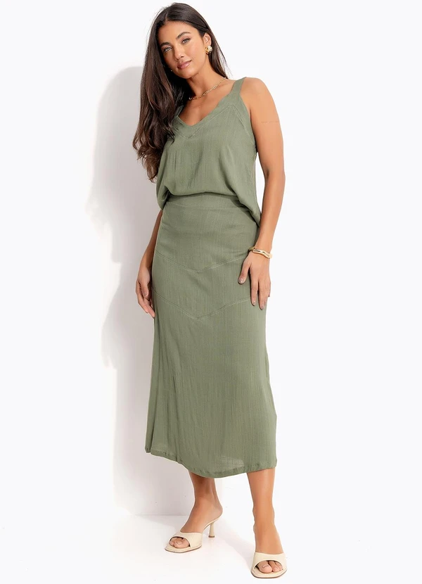 Quintess - Saia Midi Verde Oliva em Viscose Plana 3