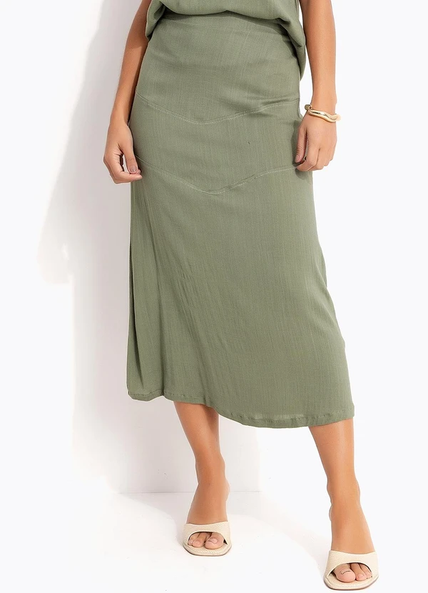 Quintess - Saia Midi Verde Oliva em Viscose Plana 5