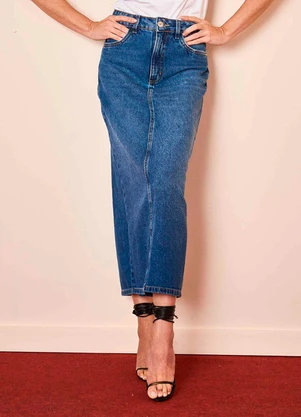 Doce Trama - Saia Midi Wild Orchid em Denim Azul - DOCE TRAMA