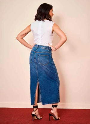 Doce Trama - Saia Midi Wild Orchid em Denim Azul - DOCE TRAMA