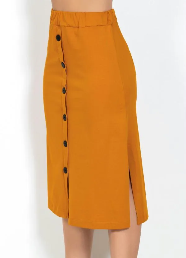 Moda Pop - Saia Mostarda Midi com Botões Decorativos 7