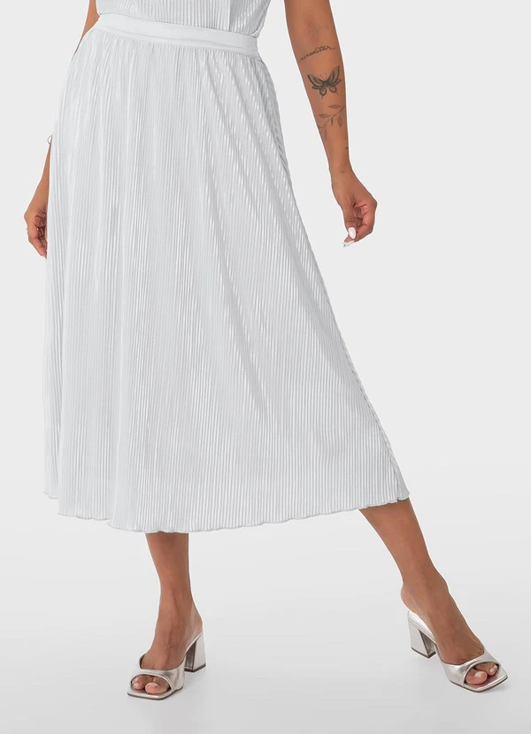 Malwee - Saia Prateada Midi Evasê Plissada