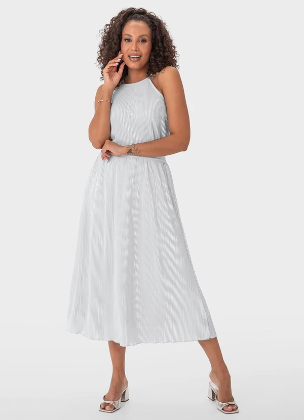 Malwee - Saia Prateada Midi Evasê Plissada 2