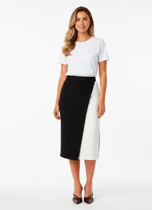 Quintess - Saia Preta e Branca em Malha Ponto Roma Sarjado 6