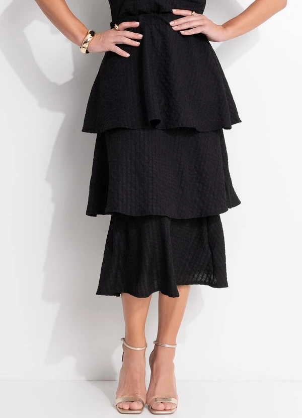 Quintess - Saia Preta em Malha Canelada Texturizada