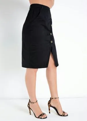 Saia Preta em Sarja com Fenda Moda Pop