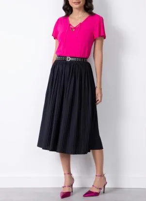 Saia Lápis Blusa Rosa Pink Com Saia Preta Saia Preta Midi Plissada