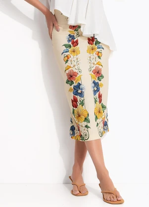 Farm - Saia Reta Midi Tropicalzinho Lenço Bege - FARM