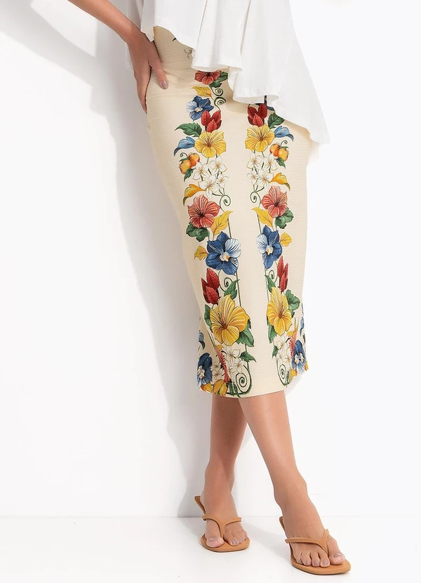 Farm - Saia Reta Midi Tropicalzinho Lenço Bege