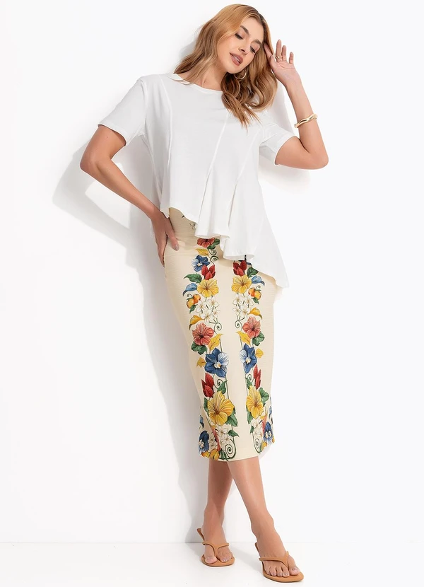 Farm - Saia Reta Midi Tropicalzinho Lenço Bege 3