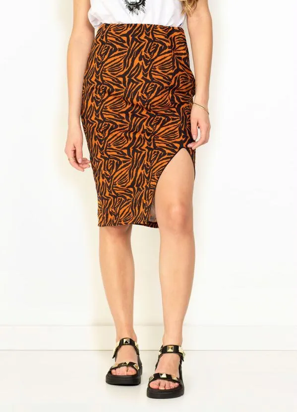 Moda Pop - Saia Tigre com Fenda na Lateral