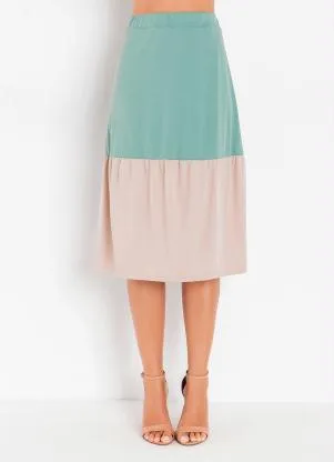 Queima Estoque - Saia Verde e Bege com Franzido - QUEIMA ESTOQUE