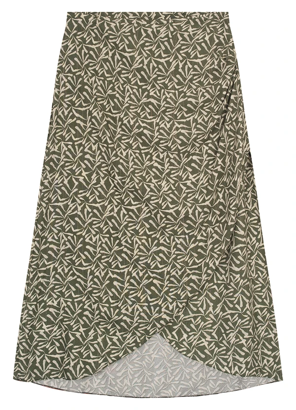 Malwee - Saia Verde Musgo Midi Folhagens com Lurex