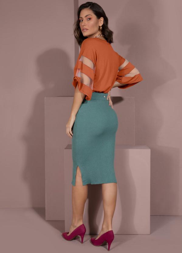 Outlet - Saia Verde Tricô com Fendas Laterais 8