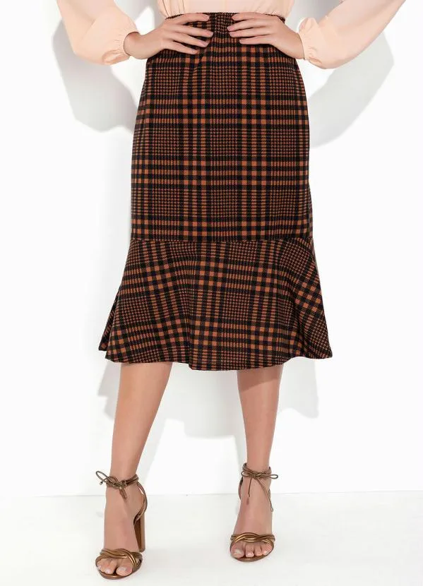 Rosalie - Saia Xadrez Marrom com Babado